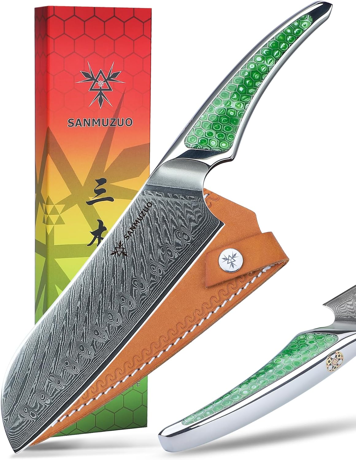 7 inch Nakiri Knife, Japanese VG-10 Damascus Steel Meat Cleaver, Ultra Sharp Vegetable Knife with Full-tang Handle in Green Resin, LA-S9 Series