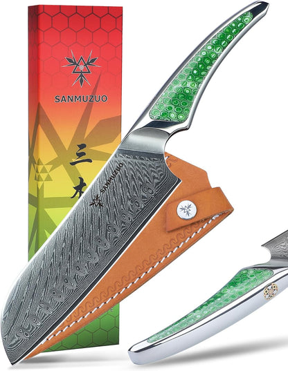 7 inch Nakiri Knife, Japanese VG-10 Damascus Steel Meat Cleaver, Ultra Sharp Vegetable Knife with Full-tang Handle in Green Resin, LA-S9 Series