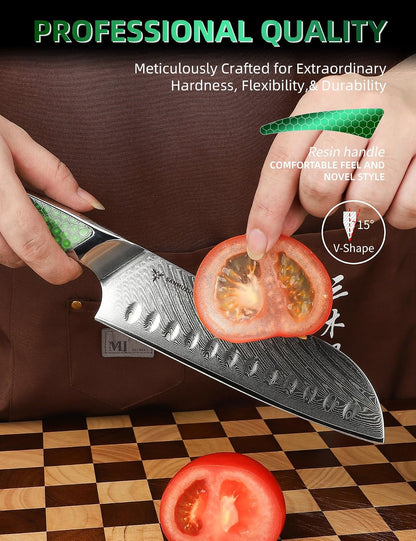 7 inch Nakiri Knife, Japanese VG-10 Damascus Steel Meat Cleaver, Ultra Sharp Vegetable Knife with Full-tang Handle in Green Resin, LA-S9 Series