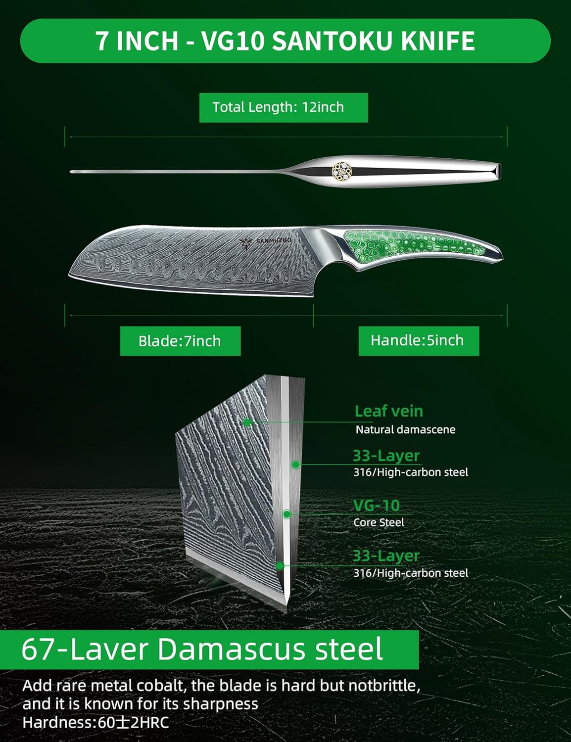 7 inch Nakiri Knife, Japanese VG-10 Damascus Steel Meat Cleaver, Ultra Sharp Vegetable Knife with Full-tang Handle in Green Resin, LA-S9 Series