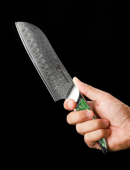 7 inch Nakiri Knife, Japanese VG-10 Damascus Steel Meat Cleaver, Ultra Sharp Vegetable Knife with Full-tang Handle in Green Resin, LA-S9 Series