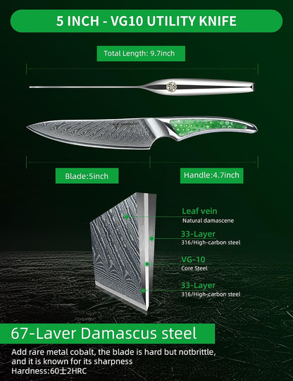 7 inch Nakiri Knife, Japanese VG-10 Damascus Steel Meat Cleaver, Ultra Sharp Vegetable Knife with Full-tang Handle in Green Resin, LA-S9 Series
