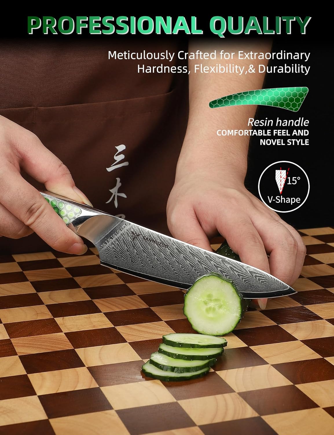 7 inch Nakiri Knife, Japanese VG-10 Damascus Steel Meat Cleaver, Ultra Sharp Vegetable Knife with Full-tang Handle in Green Resin, LA-S9 Series