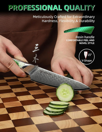 7 inch Nakiri Knife, Japanese VG-10 Damascus Steel Meat Cleaver, Ultra Sharp Vegetable Knife with Full-tang Handle in Green Resin, LA-S9 Series