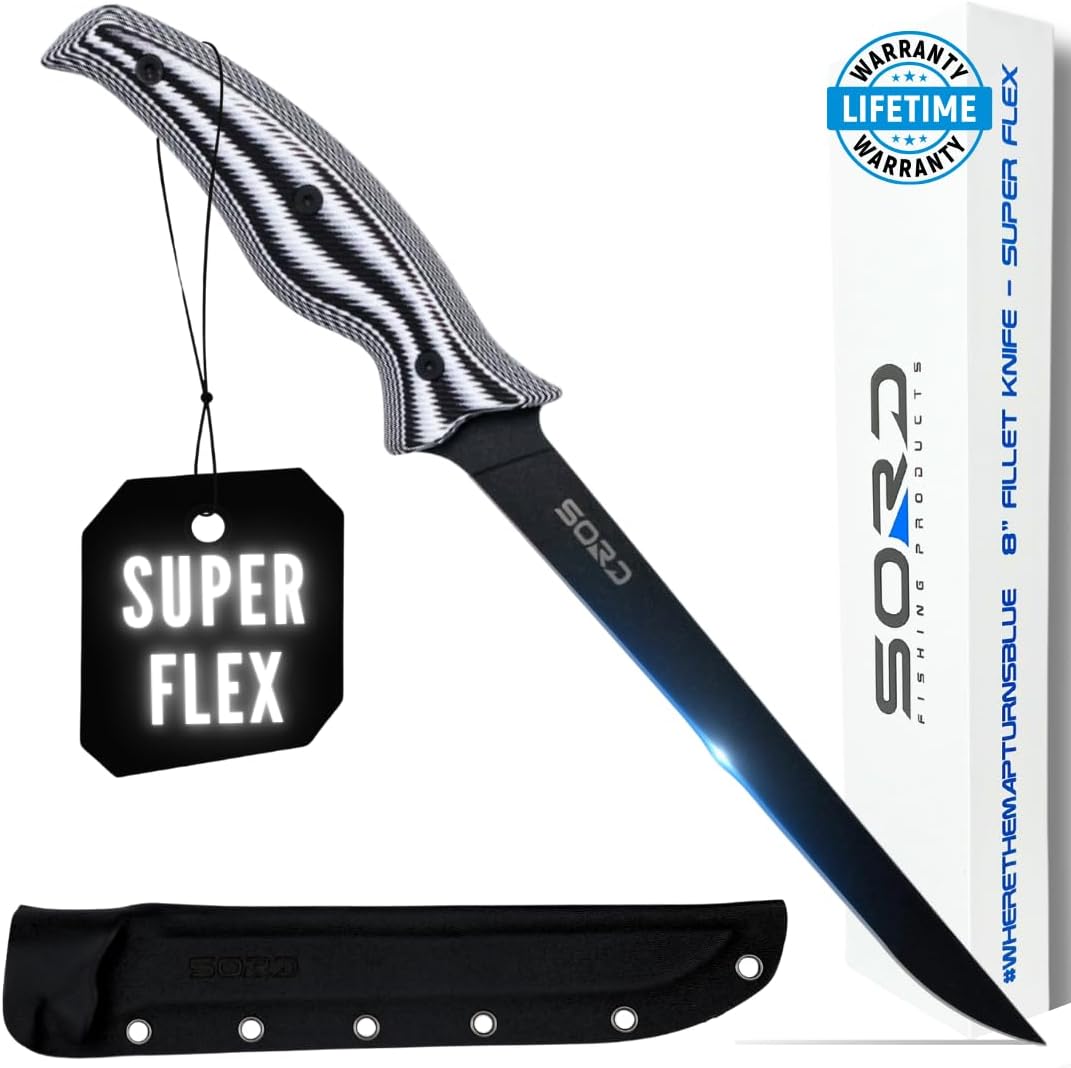 SORD 8" Flexible Fillet Knife for Fish - Saltwater and Freshwater Fishing Knife - G10 Handle - Full Tang - Kydex Sheath