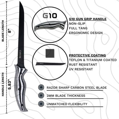 SORD 8" Flexible Fillet Knife for Fish - Saltwater and Freshwater Fishing Knife - G10 Handle - Full Tang - Kydex Sheath
