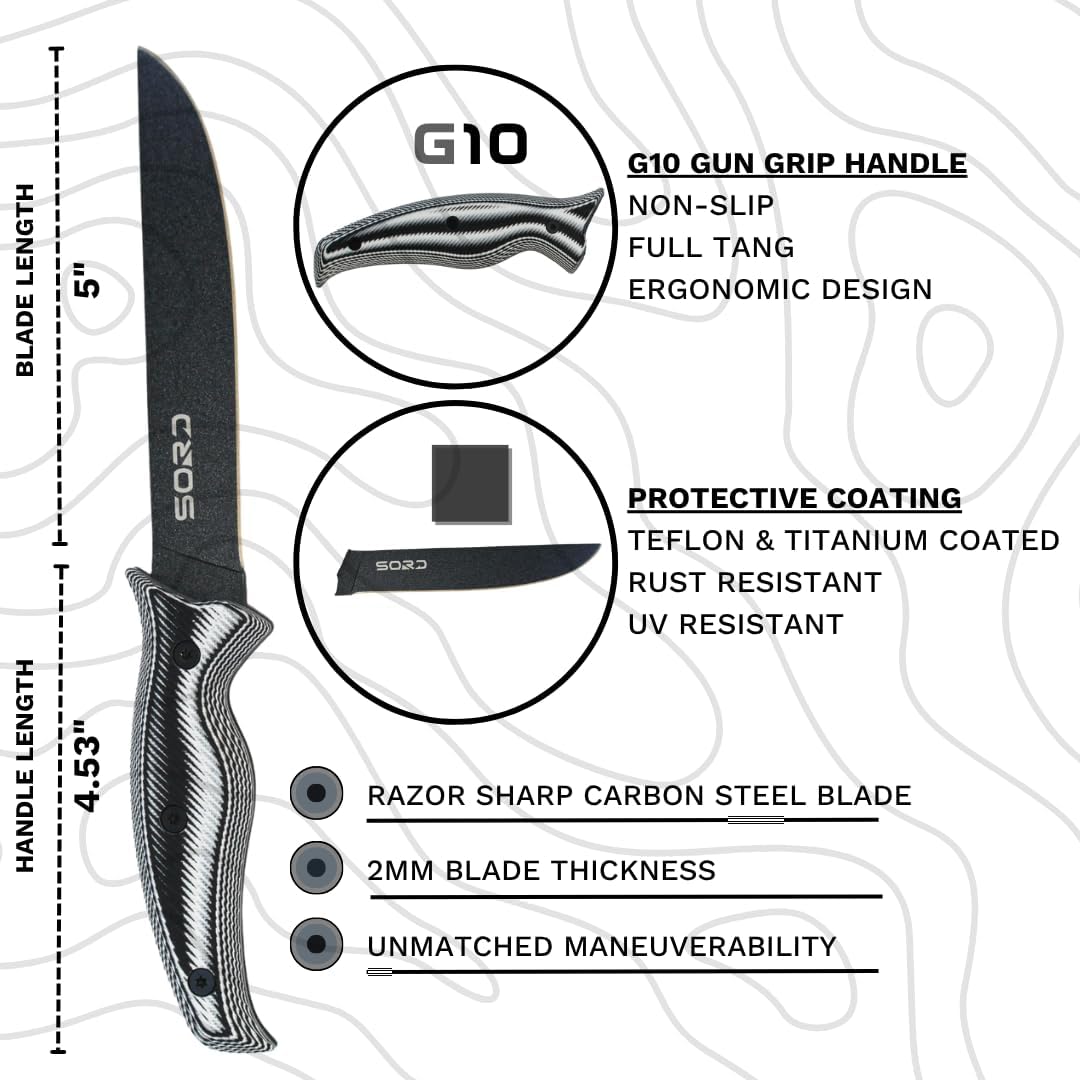 SORD 8" Flexible Fillet Knife for Fish - Saltwater and Freshwater Fishing Knife - G10 Handle - Full Tang - Kydex Sheath