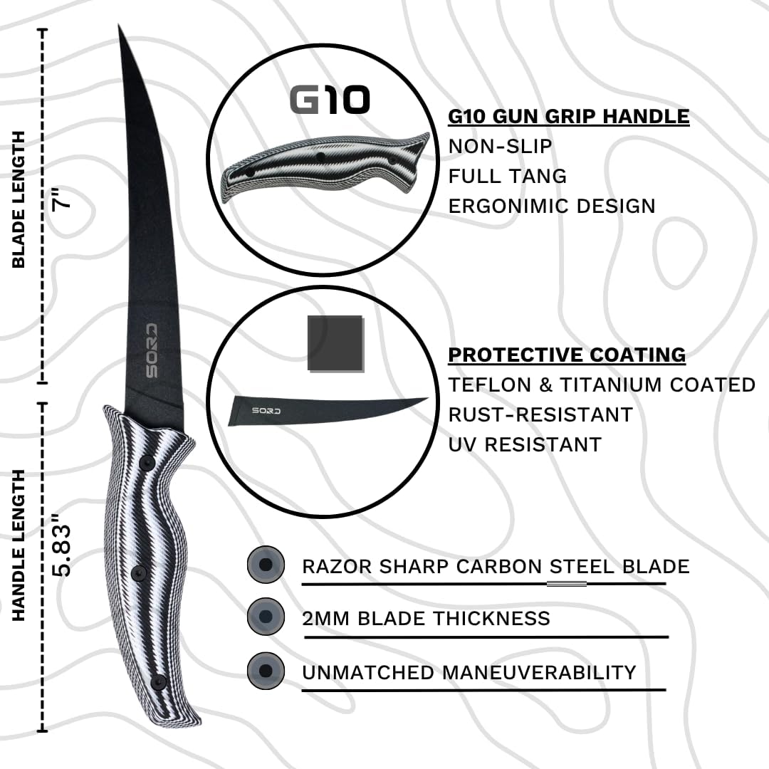 SORD 8" Flexible Fillet Knife for Fish - Saltwater and Freshwater Fishing Knife - G10 Handle - Full Tang - Kydex Sheath