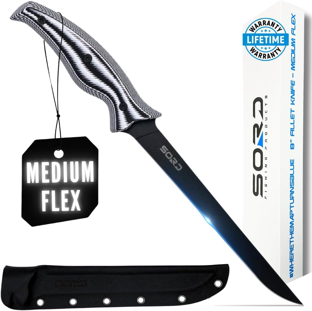 SORD 8" Flexible Fillet Knife for Fish - Saltwater and Freshwater Fishing Knife - G10 Handle - Full Tang - Kydex Sheath