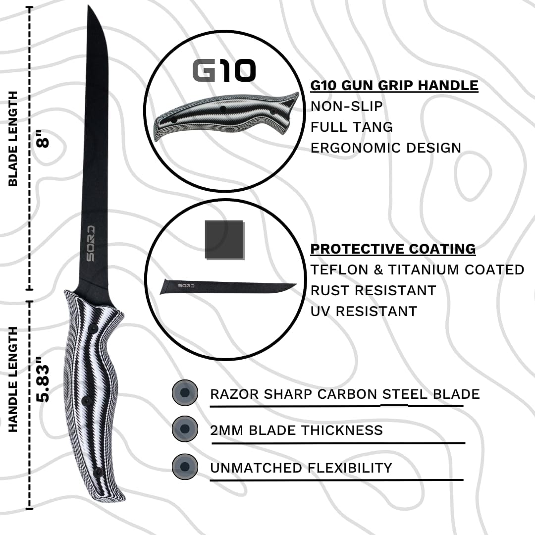 SORD 8" Flexible Fillet Knife for Fish - Saltwater and Freshwater Fishing Knife - G10 Handle - Full Tang - Kydex Sheath