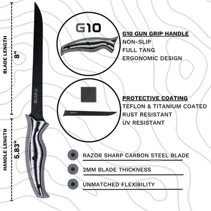 SORD 8" Flexible Fillet Knife for Fish - Saltwater and Freshwater Fishing Knife - G10 Handle - Full Tang - Kydex Sheath