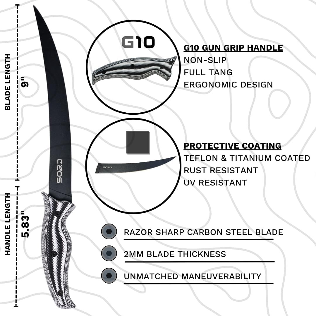 SORD 8" Flexible Fillet Knife for Fish - Saltwater and Freshwater Fishing Knife - G10 Handle - Full Tang - Kydex Sheath