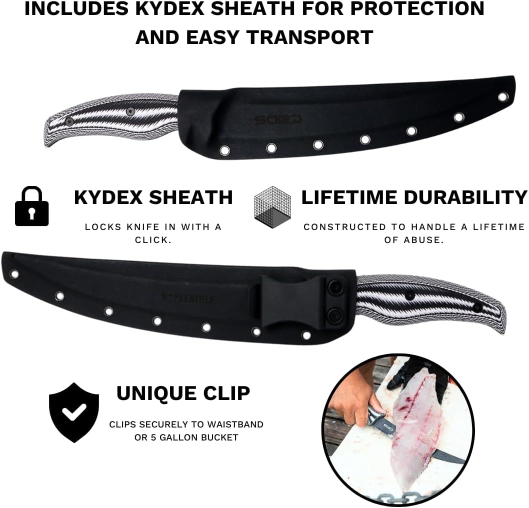 SORD 8" Flexible Fillet Knife for Fish - Saltwater and Freshwater Fishing Knife - G10 Handle - Full Tang - Kydex Sheath