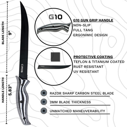 SORD 8" Flexible Fillet Knife for Fish - Saltwater and Freshwater Fishing Knife - G10 Handle - Full Tang - Kydex Sheath