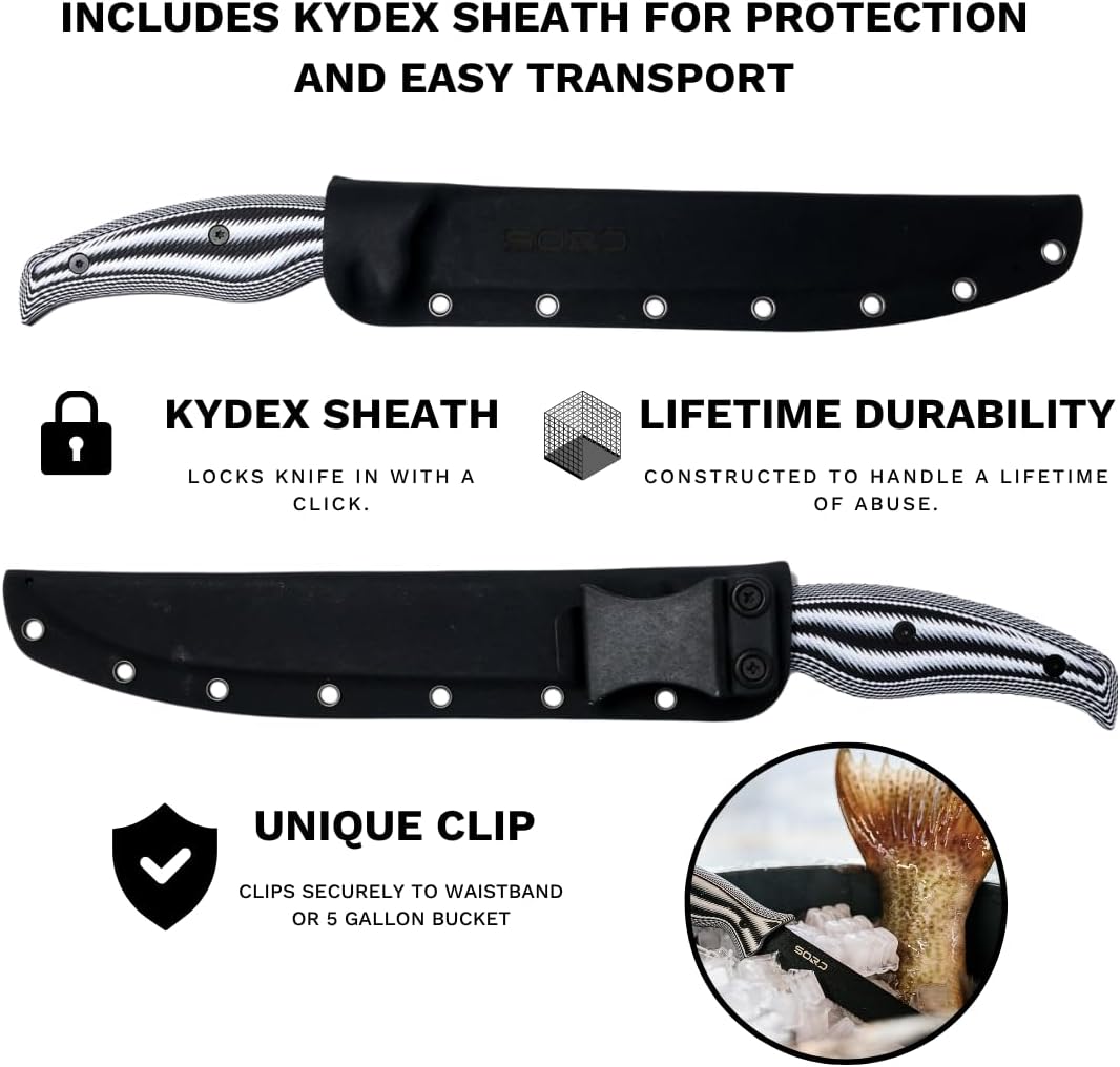 SORD 8" Flexible Fillet Knife for Fish - Saltwater and Freshwater Fishing Knife - G10 Handle - Full Tang - Kydex Sheath