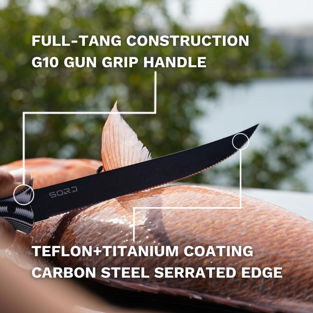 SORD 8" Flexible Fillet Knife for Fish - Saltwater and Freshwater Fishing Knife - G10 Handle - Full Tang - Kydex Sheath
