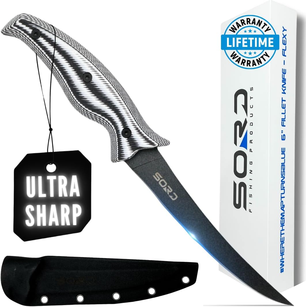 SORD 8" Flexible Fillet Knife for Fish - Saltwater and Freshwater Fishing Knife - G10 Handle - Full Tang - Kydex Sheath