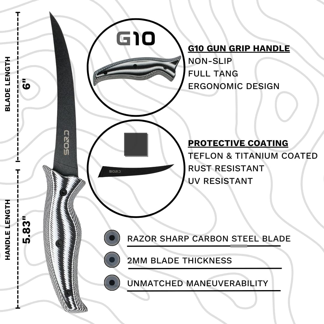 SORD 8" Flexible Fillet Knife for Fish - Saltwater and Freshwater Fishing Knife - G10 Handle - Full Tang - Kydex Sheath