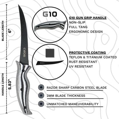 SORD 8" Flexible Fillet Knife for Fish - Saltwater and Freshwater Fishing Knife - G10 Handle - Full Tang - Kydex Sheath