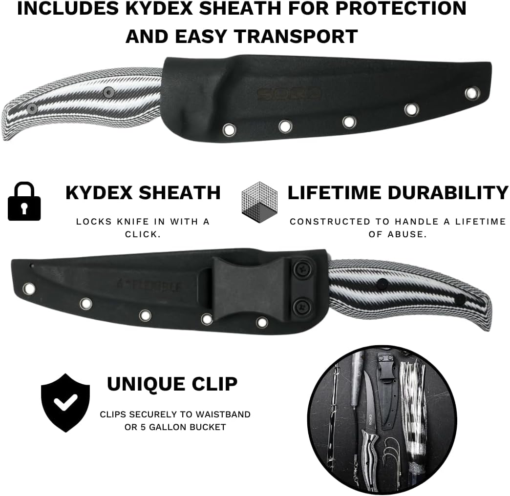 SORD 8" Flexible Fillet Knife for Fish - Saltwater and Freshwater Fishing Knife - G10 Handle - Full Tang - Kydex Sheath
