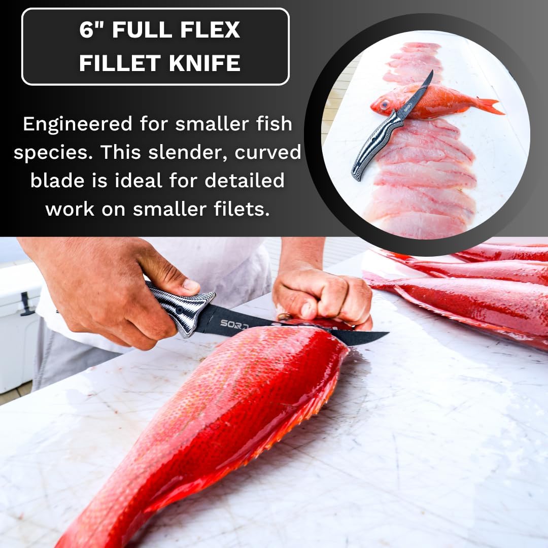 SORD 8" Flexible Fillet Knife for Fish - Saltwater and Freshwater Fishing Knife - G10 Handle - Full Tang - Kydex Sheath
