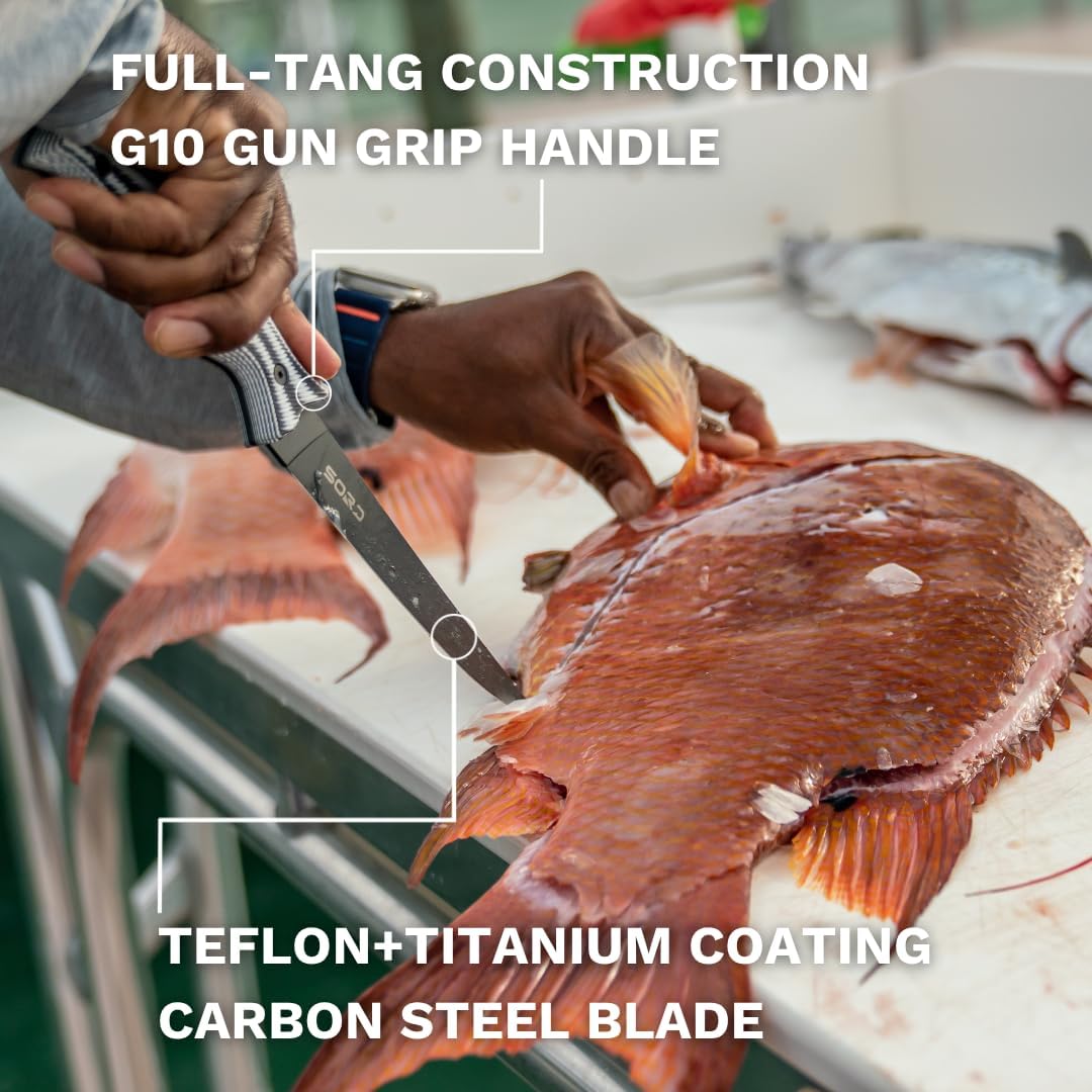 SORD 8" Flexible Fillet Knife for Fish - Saltwater and Freshwater Fishing Knife - G10 Handle - Full Tang - Kydex Sheath