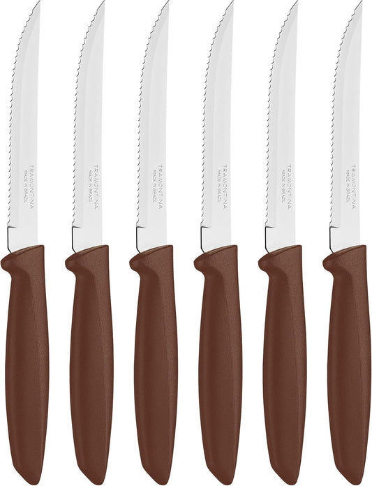 Kitchen Knives Set of 6, Serrated Fruit Tomato Cooking Knife, Vegetable Chopper Peeler, Stainless Steel, Multipurpose, Pointed Tip, Brown, 23498454