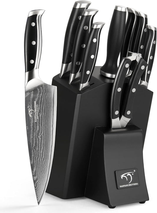 Damascus Kitchen Knife Set with Block, 9-Piece 67-Layer VG10 Damascus Steel Knife Set with Triple-Rivet Handles, Chef, Santoku, Utility, Bread & Paring Knives, Sharpener, Shears, Black