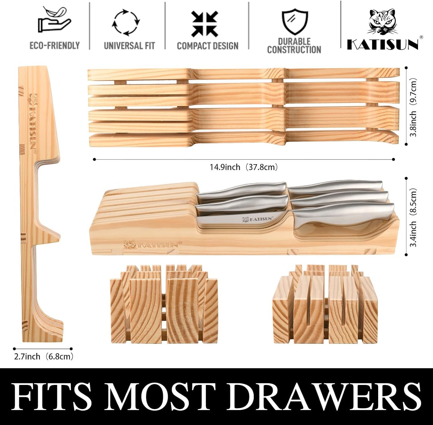 Kitchen Knife Set, 6 Pieces Knife Block Sets with Pine Knives Drawer Organizer, Perfect for Home and Chefs, Premium Knife Holder, Gift for Holiday and Housewarming