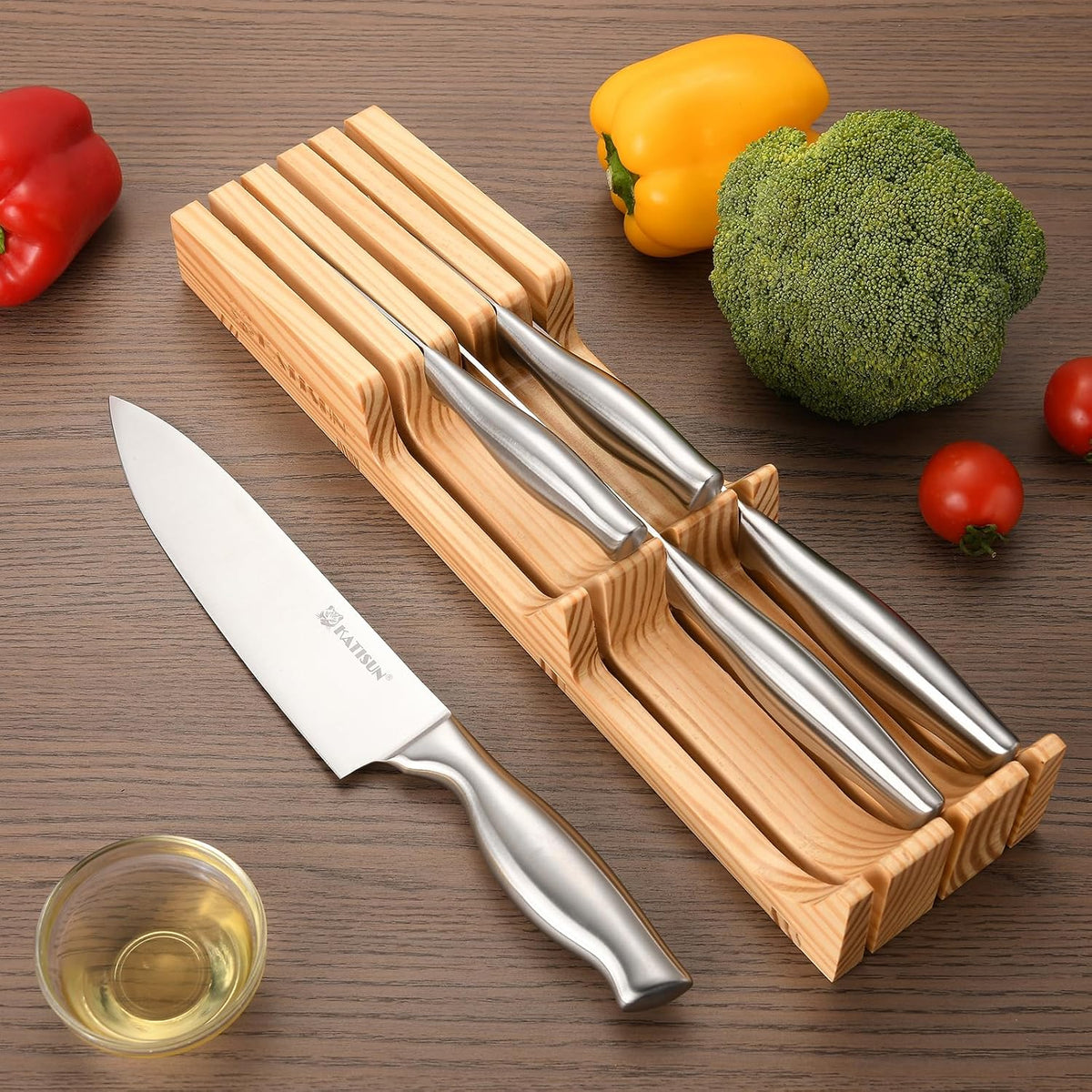 Kitchen Knife Set, 6 Pieces Knife Block Sets with Pine Knives Drawer Organizer, Perfect for Home and Chefs, Premium Knife Holder, Gift for Holiday and Housewarming