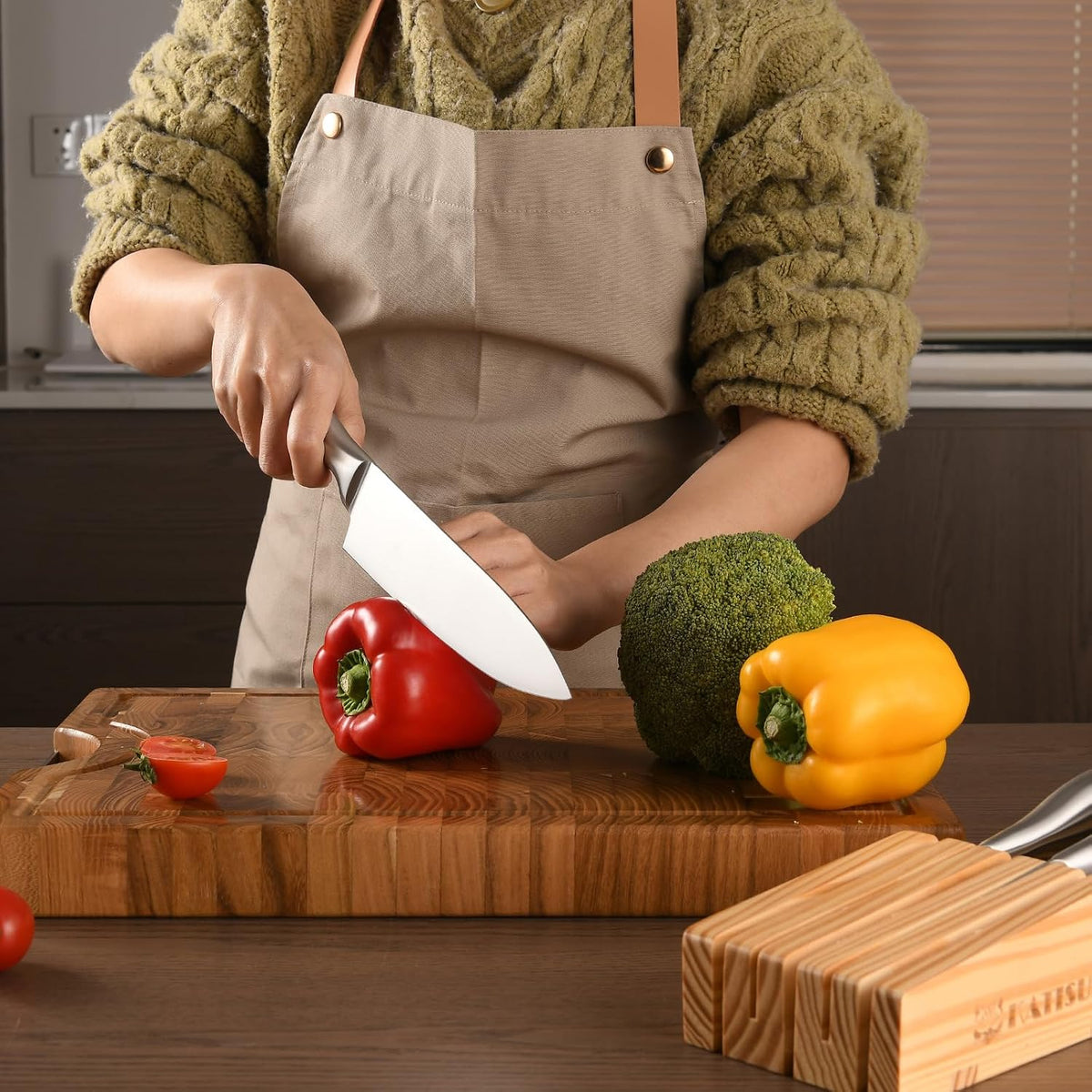 Kitchen Knife Set, 6 Pieces Knife Block Sets with Pine Knives Drawer Organizer, Perfect for Home and Chefs, Premium Knife Holder, Gift for Holiday and Housewarming