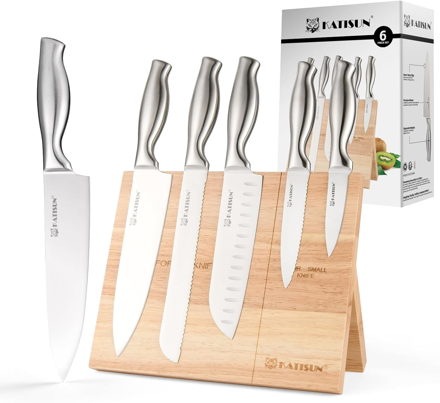 Kitchen Knife Set, 6 Pieces Knife Block Sets with Pine Knives Drawer Organizer, Perfect for Home and Chefs, Premium Knife Holder, Gift for Holiday and Housewarming
