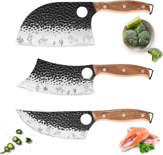3PCS Butcher Knife Set, Hand Forged Serbian Chef & Meat Cleaver & Viking Knife, Wooden Handle, Perfect for Home, BBQ, Camping (Cactus and Knight Pattern)
