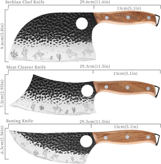 3PCS Butcher Knife Set, Hand Forged Serbian Chef & Meat Cleaver & Viking Knife, Wooden Handle, Perfect for Home, BBQ, Camping (Cactus and Knight Pattern)