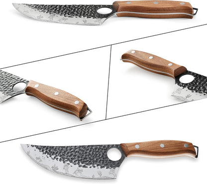 3PCS Butcher Knife Set, Hand Forged Serbian Chef & Meat Cleaver & Viking Knife, Wooden Handle, Perfect for Home, BBQ, Camping (Cactus and Knight Pattern)
