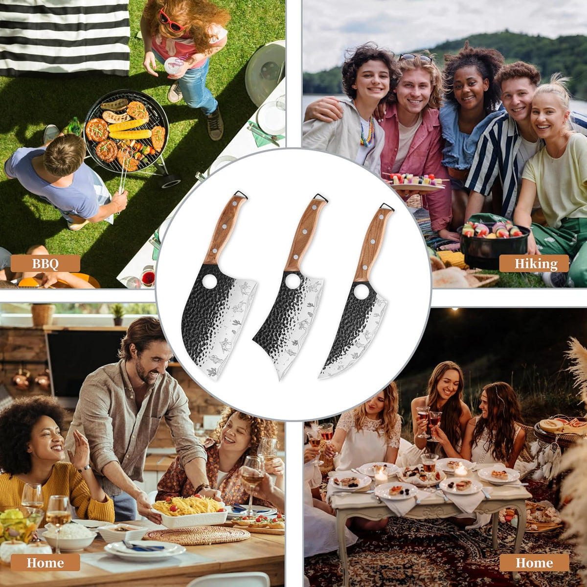 3PCS Butcher Knife Set, Hand Forged Serbian Chef & Meat Cleaver & Viking Knife, Wooden Handle, Perfect for Home, BBQ, Camping (Cactus and Knight Pattern)