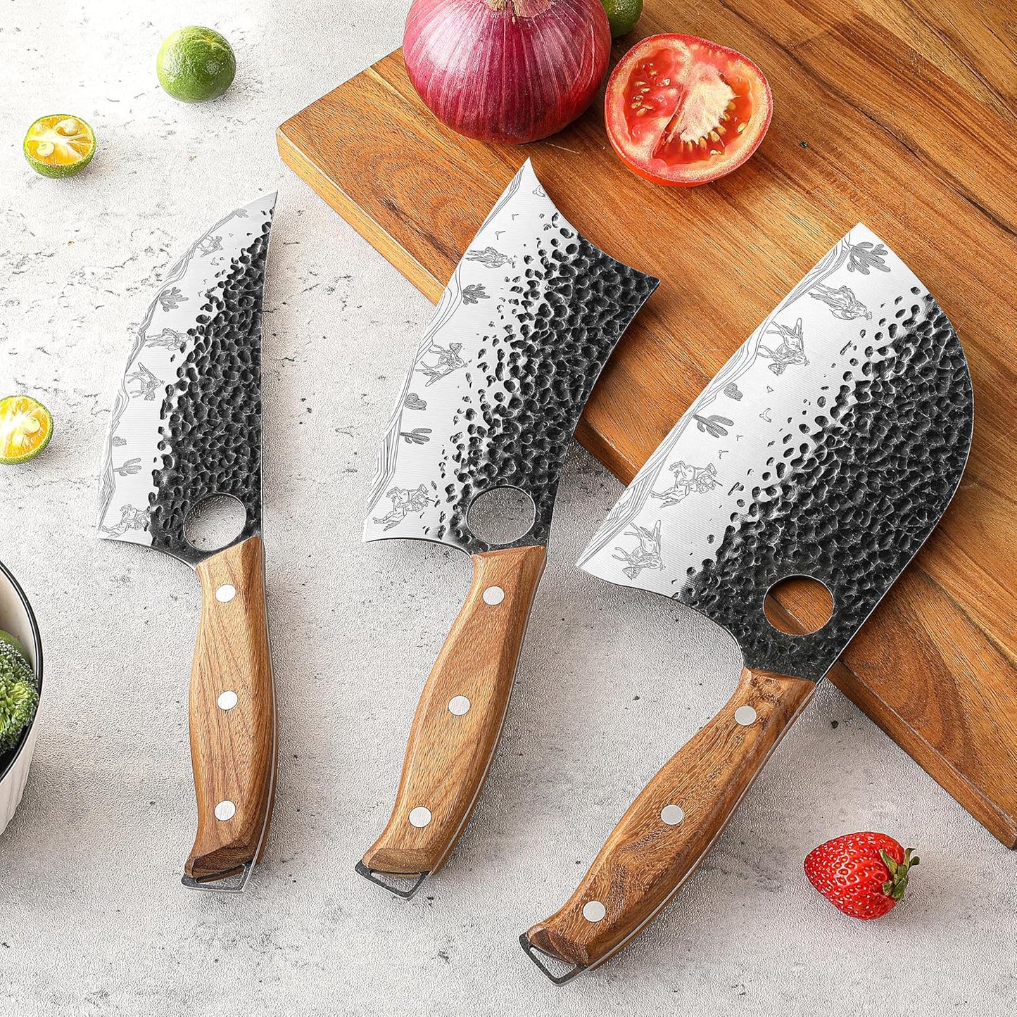 3PCS Butcher Knife Set, Hand Forged Serbian Chef & Meat Cleaver & Viking Knife, Wooden Handle, Perfect for Home, BBQ, Camping (Cactus and Knight Pattern)