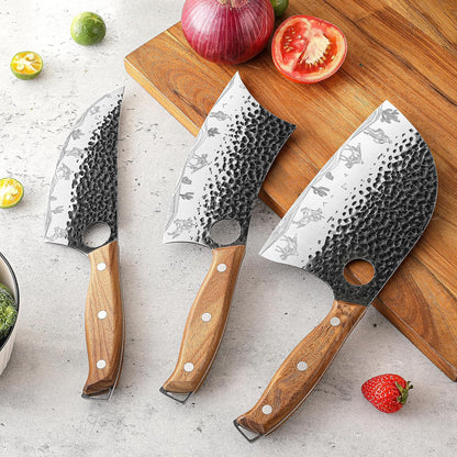 3PCS Butcher Knife Set, Hand Forged Serbian Chef & Meat Cleaver & Viking Knife, Wooden Handle, Perfect for Home, BBQ, Camping (Cactus and Knight Pattern)