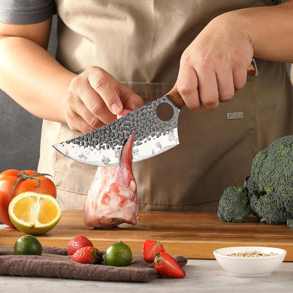 3PCS Butcher Knife Set, Hand Forged Serbian Chef & Meat Cleaver & Viking Knife, Wooden Handle, Perfect for Home, BBQ, Camping (Cactus and Knight Pattern)