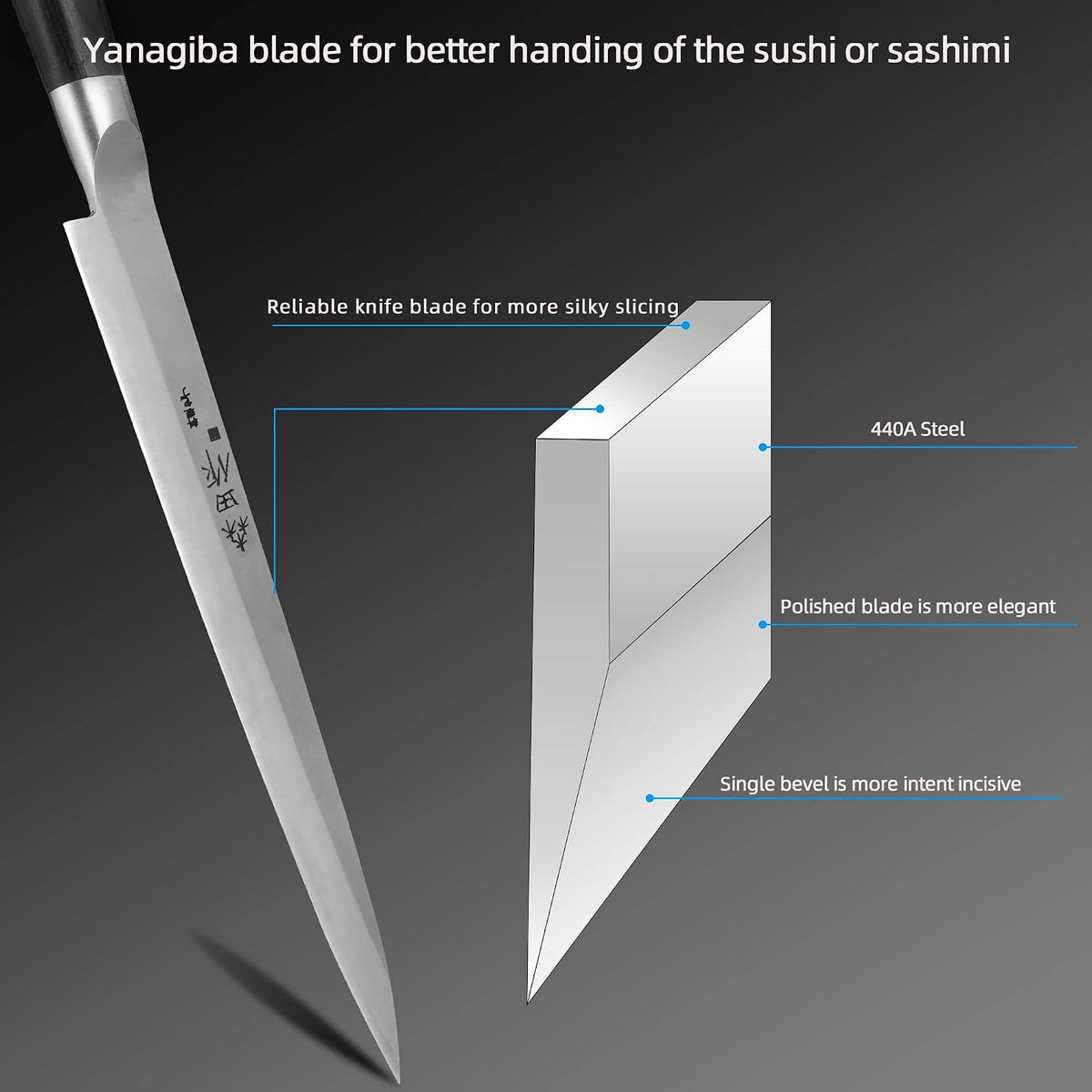 Sushi Knife 9.5 inches(240mm),High Carbon Stainless Steel Blade