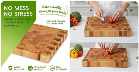 Richelieu Extra Large 19 5/8 in x 15 3/4 in x 1 1/2 in Canadian Maple Rectangular End Grain Chopping Butcher Block, Ideal for cutting Cooked Meat