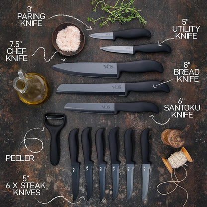 Ceramic Knife Set in Elegant Gift Box, Ceramic Knives Set For Kitchen, Ultra Sharp Kitchen Knife Set with Covers, 4" 5" 6" Paring, Santoku & Chef Knife, Lightweight, Dishwasher safe (Black Handle)