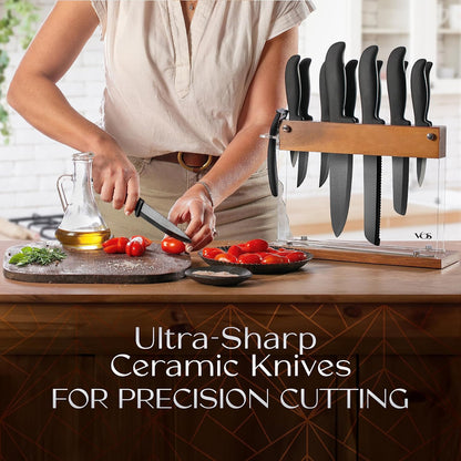 Ceramic Knife Set in Elegant Gift Box, Ceramic Knives Set For Kitchen, Ultra Sharp Kitchen Knife Set with Covers, 4" 5" 6" Paring, Santoku & Chef Knife, Lightweight, Dishwasher safe (Black Handle)