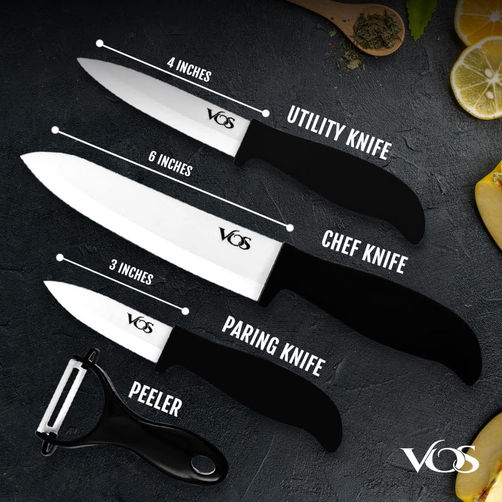Ceramic Knife Set in Elegant Gift Box, Ceramic Knives Set For Kitchen, Ultra Sharp Kitchen Knife Set with Covers, 4" 5" 6" Paring, Santoku & Chef Knife, Lightweight, Dishwasher safe (Black Handle)