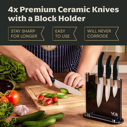 Ceramic Knife Set in Elegant Gift Box, Ceramic Knives Set For Kitchen, Ultra Sharp Kitchen Knife Set with Covers, 4" 5" 6" Paring, Santoku & Chef Knife, Lightweight, Dishwasher safe (Black Handle)