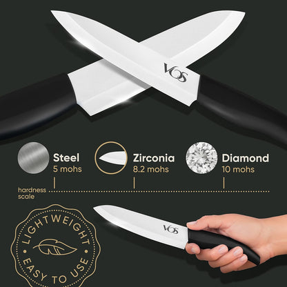 Ceramic Knife Set in Elegant Gift Box, Ceramic Knives Set For Kitchen, Ultra Sharp Kitchen Knife Set with Covers, 4" 5" 6" Paring, Santoku & Chef Knife, Lightweight, Dishwasher safe (Black Handle)