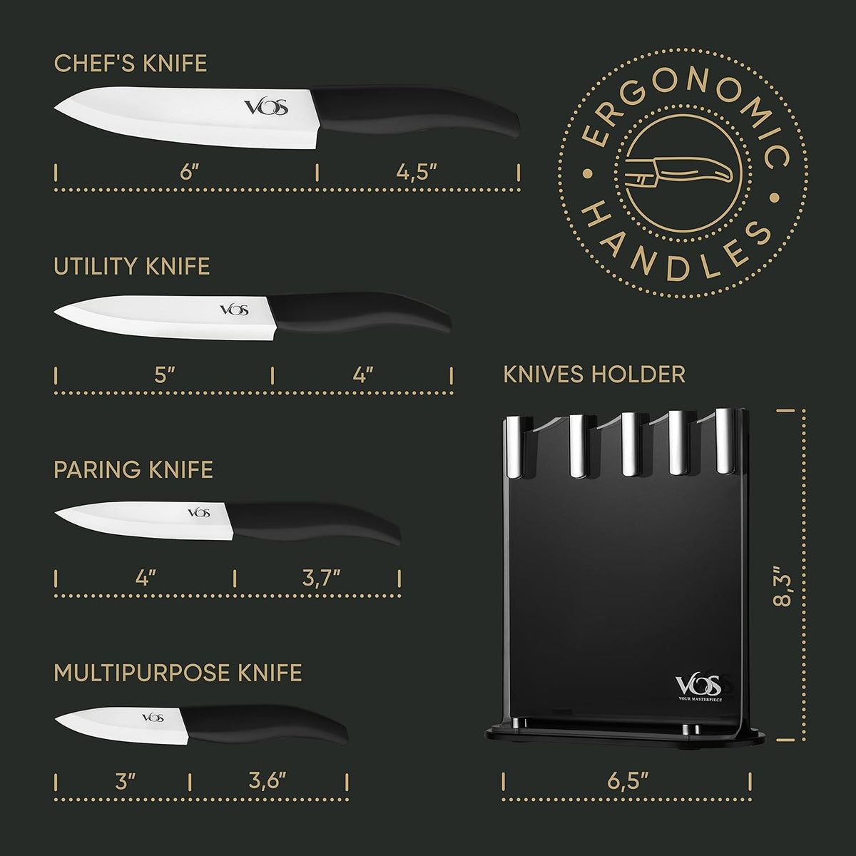 Ceramic Knife Set in Elegant Gift Box, Ceramic Knives Set For Kitchen, Ultra Sharp Kitchen Knife Set with Covers, 4" 5" 6" Paring, Santoku & Chef Knife, Lightweight, Dishwasher safe (Black Handle)