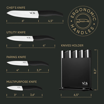 Ceramic Knife Set in Elegant Gift Box, Ceramic Knives Set For Kitchen, Ultra Sharp Kitchen Knife Set with Covers, 4" 5" 6" Paring, Santoku & Chef Knife, Lightweight, Dishwasher safe (Black Handle)