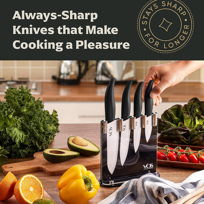 Ceramic Knife Set in Elegant Gift Box, Ceramic Knives Set For Kitchen, Ultra Sharp Kitchen Knife Set with Covers, 4" 5" 6" Paring, Santoku & Chef Knife, Lightweight, Dishwasher safe (Black Handle)