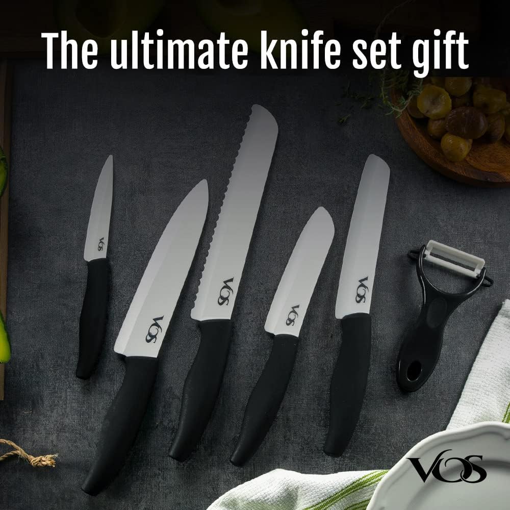 Ceramic Knife Set in Elegant Gift Box, Ceramic Knives Set For Kitchen, Ultra Sharp Kitchen Knife Set with Covers, 4" 5" 6" Paring, Santoku & Chef Knife, Lightweight, Dishwasher safe (Black Handle)